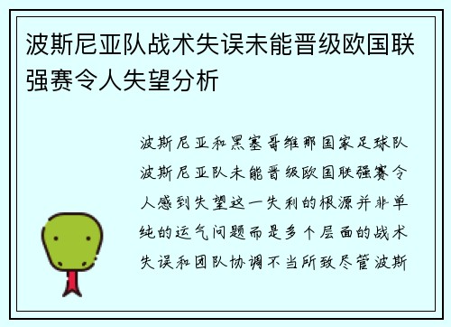 波斯尼亚队战术失误未能晋级欧国联强赛令人失望分析