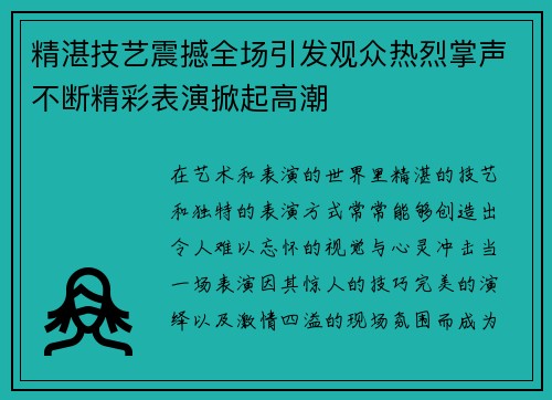 精湛技艺震撼全场引发观众热烈掌声不断精彩表演掀起高潮