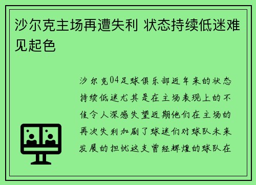 沙尔克主场再遭失利 状态持续低迷难见起色