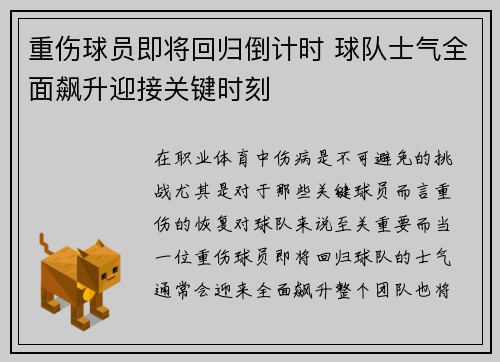 重伤球员即将回归倒计时 球队士气全面飙升迎接关键时刻