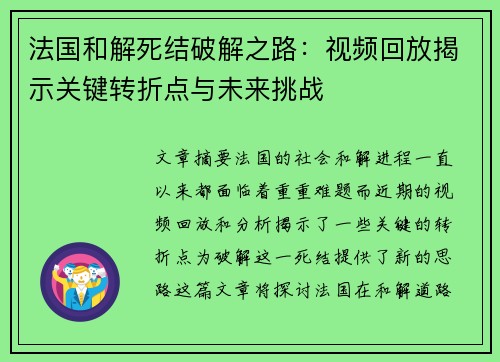 法国和解死结破解之路：视频回放揭示关键转折点与未来挑战