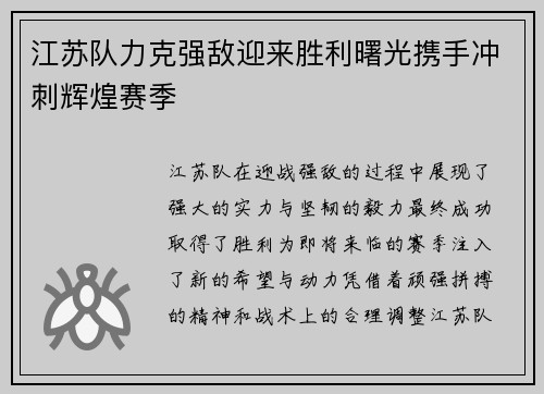 江苏队力克强敌迎来胜利曙光携手冲刺辉煌赛季