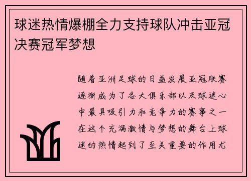 球迷热情爆棚全力支持球队冲击亚冠决赛冠军梦想