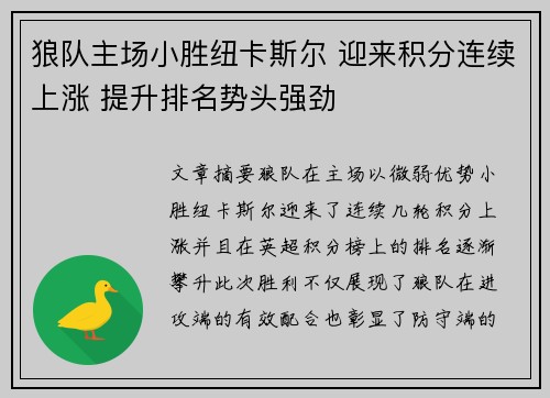 狼队主场小胜纽卡斯尔 迎来积分连续上涨 提升排名势头强劲