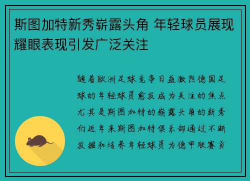 斯图加特新秀崭露头角 年轻球员展现耀眼表现引发广泛关注