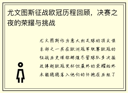 尤文图斯征战欧冠历程回顾，决赛之夜的荣耀与挑战